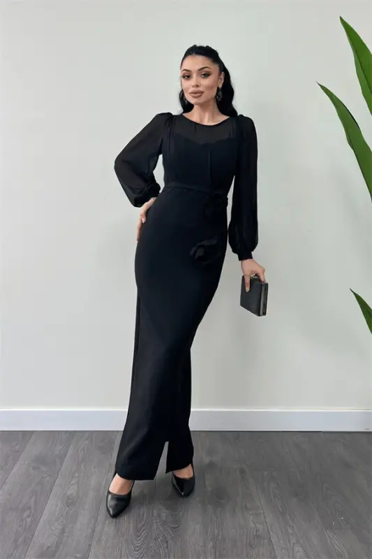 Top Chiffon Bottom Atlas Fabric Flower Detailed Evening Dress - BLACK - 2