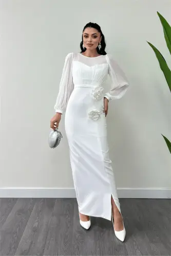 Top Chiffon Bottom Atlas Fabric Flower Detailed Evening Dress - WHITE - 1