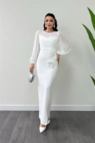 Top Chiffon Bottom Atlas Fabric Flower Detailed Evening Dress - WHITE - BÜYÜKBEDENIZ (1)