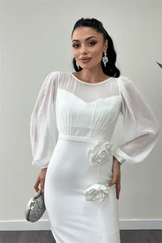 Top Chiffon Bottom Atlas Fabric Flower Detailed Evening Dress - WHITE - 3