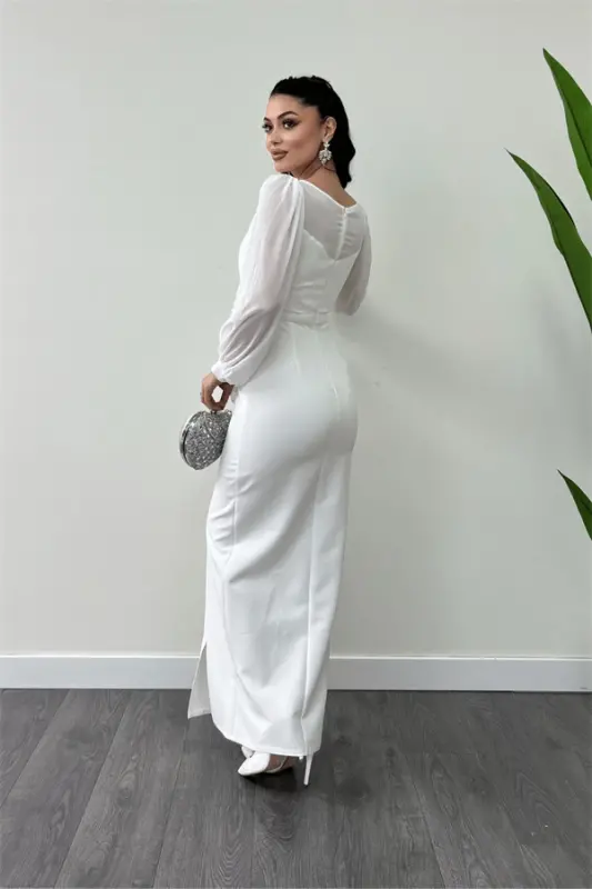 Top Chiffon Bottom Atlas Fabric Flower Detailed Evening Dress - WHITE - 5