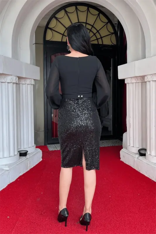 Top Chiffon Bottom Sequin Fabric Pencil Dress - BLACK - 5