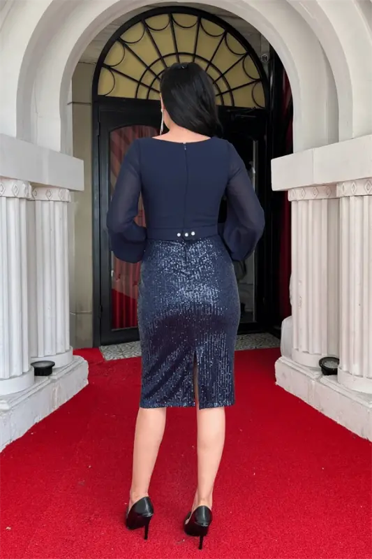 Top Chiffon Bottom Sequin Fabric Pencil Dress - NAVY BLUE - 5
