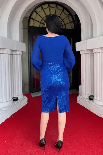 Top Chiffon Bottom Sequin Fabric Pencil Dress - SAPPHIRE - 4