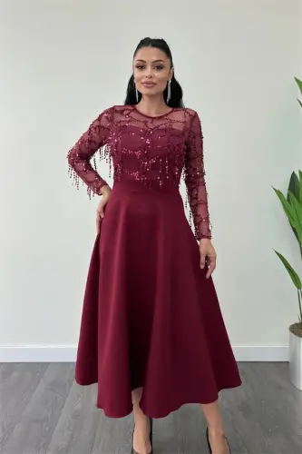 Top Fringe Sequin Bottom Double Fabric Midiboy Dress - BORDEAUX - BÜYÜKBEDENIZ (1)