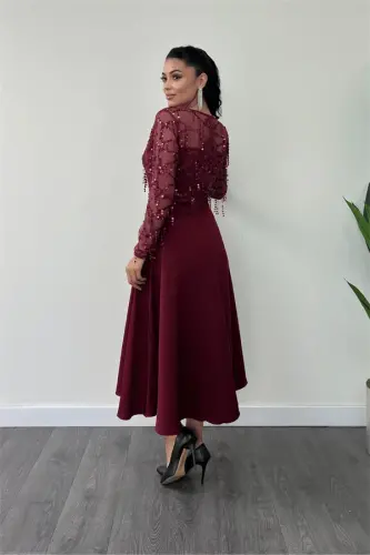 Top Fringe Sequin Bottom Double Fabric Midiboy Dress - BORDEAUX - 5