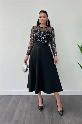 Top Fringe Sequin Bottom Double Fabric Midiboy Dress - SILVER - 1