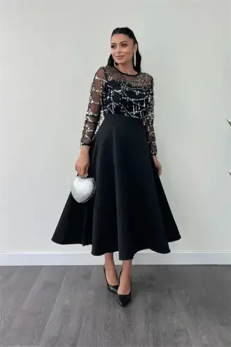 Top Fringe Sequin Bottom Double Fabric Midiboy Dress - SILVER - BÜYÜKBEDENIZ (1)