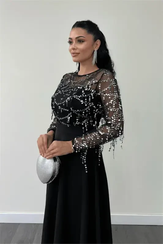 Top Fringe Sequin Bottom Double Fabric Midiboy Dress - SILVER - 4