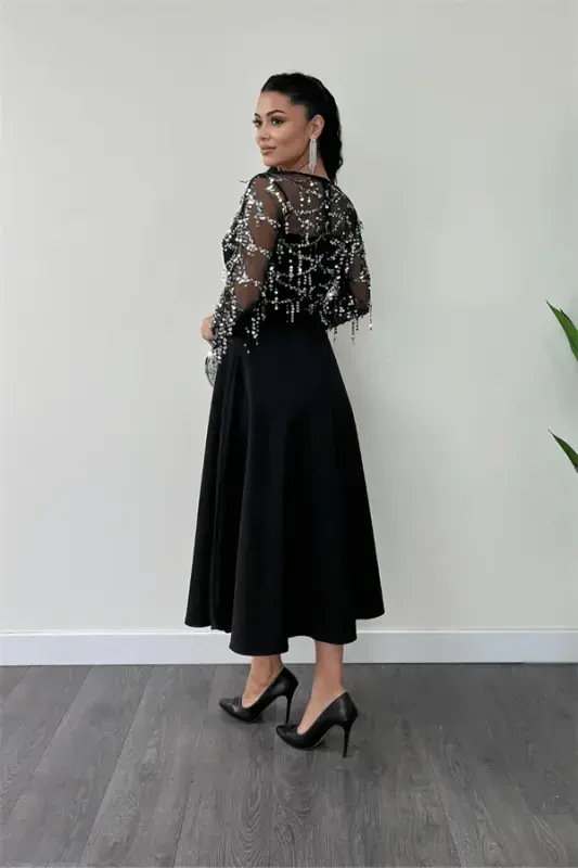 Top Fringe Sequin Bottom Double Fabric Midiboy Dress - SILVER - 5