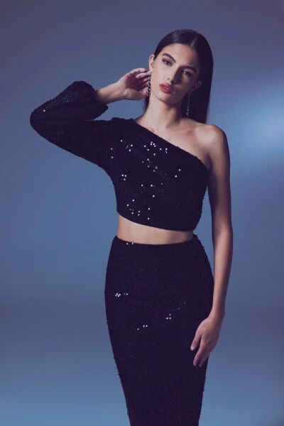 Топ с одним рукавом - ЧЕРНЫЙ - SATEEN (1)