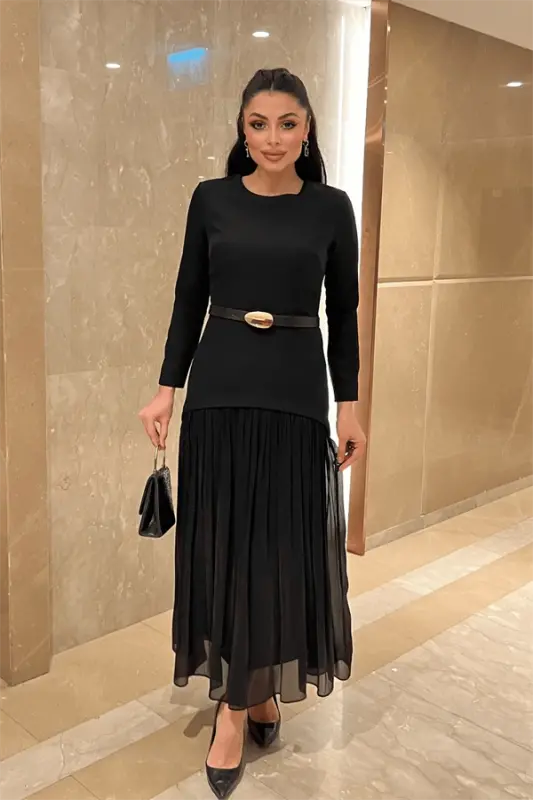 Top Satin Bottom Chiffon Fabric Dress - BLACK - BÜYÜKBEDENIZ