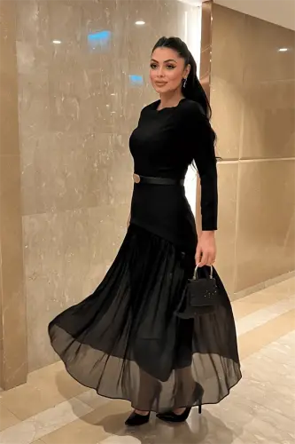 Top Satin Bottom Chiffon Fabric Dress - BLACK - BÜYÜKBEDENIZ (1)