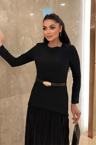 Top Satin Bottom Chiffon Fabric Dress - BLACK - 3