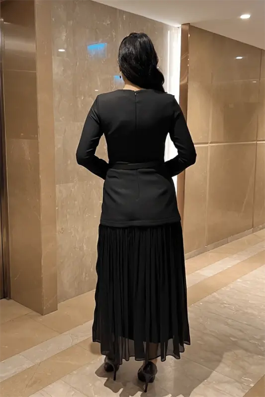 Top Satin Bottom Chiffon Fabric Dress - BLACK - 5