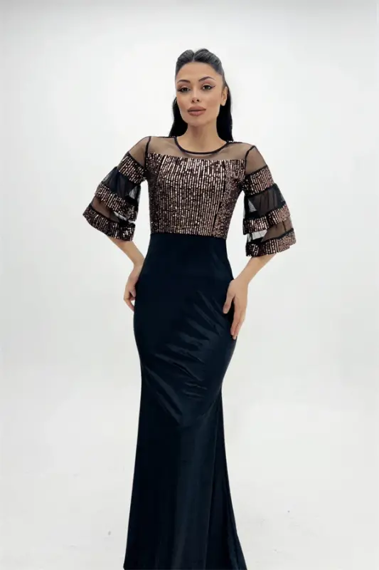 Top Sequin Bottom Velvet Evening Dress - Bronze - BÜYÜKBEDENIZ
