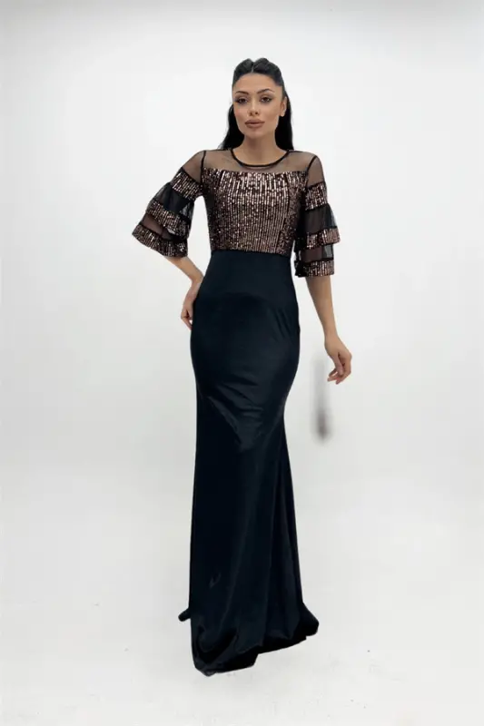 Top Sequin Bottom Velvet Evening Dress - Bronze - 2