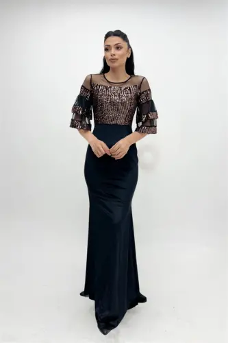 Top Sequin Bottom Velvet Evening Dress - Bronze - 4