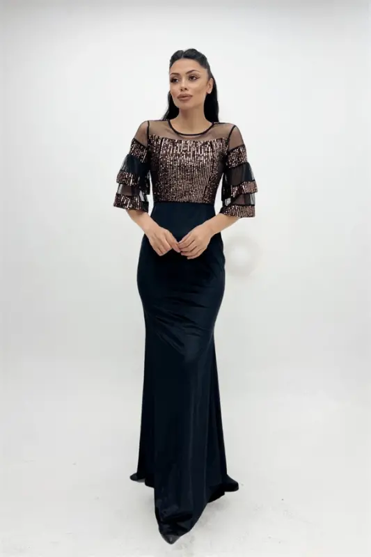 Top Sequin Bottom Velvet Evening Dress - Bronze - 4