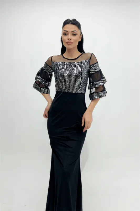 Top Sequin Bottom Velvet Evening Dress - Silver - 1
