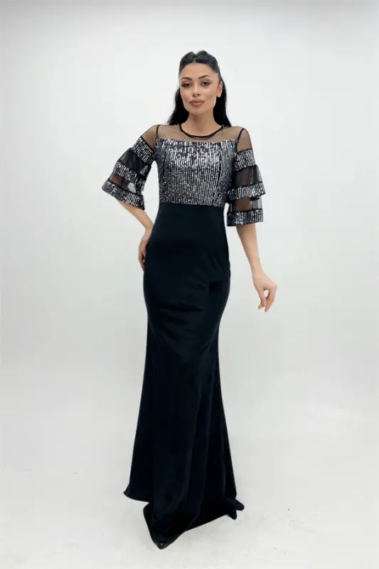 Top Sequin Bottom Velvet Evening Dress - Silver - 2