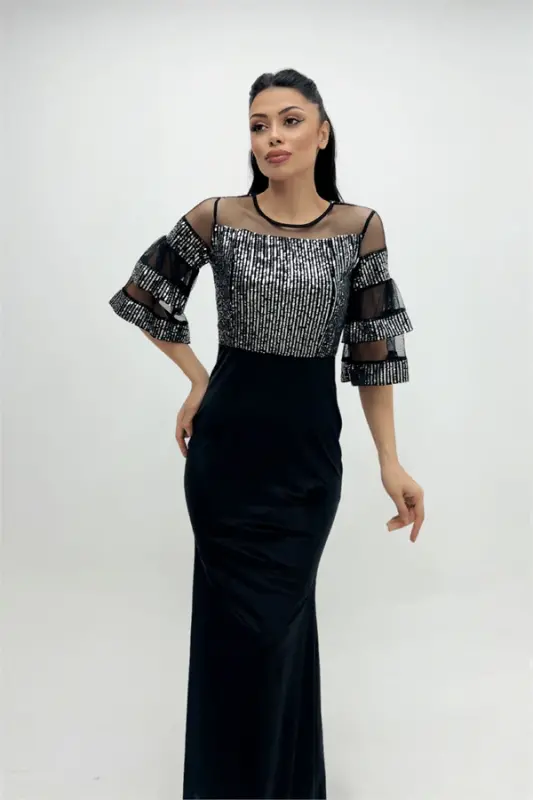 Top Sequin Bottom Velvet Evening Dress - Silver - 3