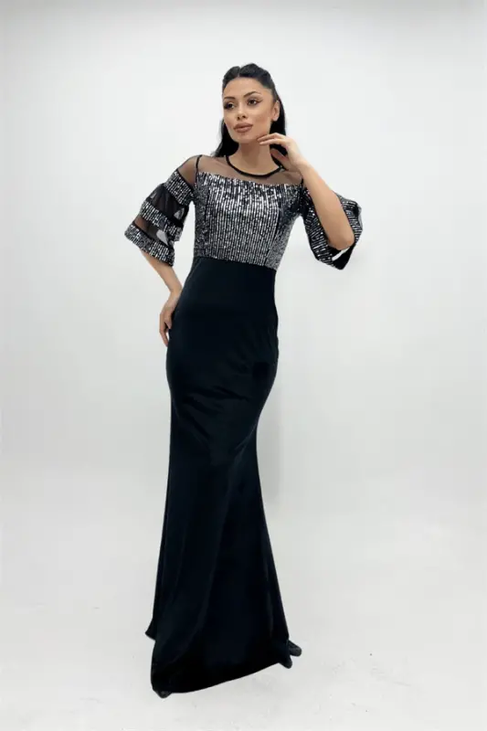Top Sequin Bottom Velvet Evening Dress - Silver - 4