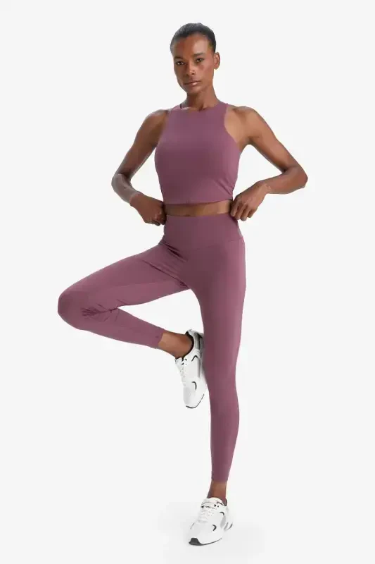 Toparlayıcı Yüksek Bel Esnek Kumaş Basic Sport Tayt-Bordo - 4