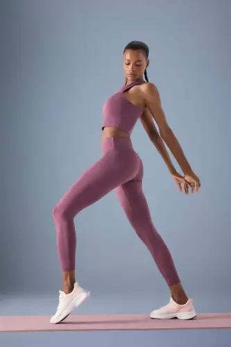 Toparlayıcı Yüksek Bel Esnek Kumaş Basic Sport Tayt-Bordo - 1