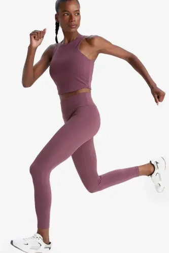 Toparlayıcı Yüksek Bel Esnek Kumaş Basic Sport Tayt-Bordo - 3