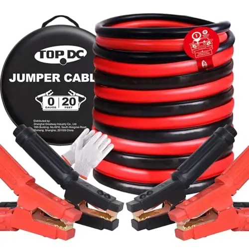 TOPDC Yuqori yuk ko'taruvchi Jumper kabellari 0 Gauge 20 Feet 1000Amp Avtomobil akkumulyatori uchun kuchaytirgich kabellari, 12V va 24V dizel yuk mashinalari, SUV va yuk mashinalari uchun 2/0 Gauge kabellari, g'ilof va qo'lqopli Protable Jumper kabellari to'plami - TOPDC