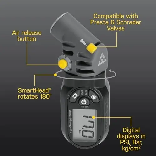 Topeak SmartGauge D2 Digital Tire Pressure Gauge – Presta/Schrader Compatible, 250 Psi/17 Bar, Precision Air Pressure Reader with LCD Display for Bikes, Motorcycles & Sports Equipment - 4