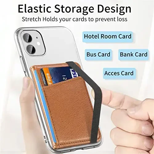 TopFunny Wallet Stick on Phone Case, Credit Card Holder for Back of Phone Cases Flip Leather Wallet Sleeve Pouch Compatible with iPhone, Samsung Galaxy Android Most Smartphones Brown - 3