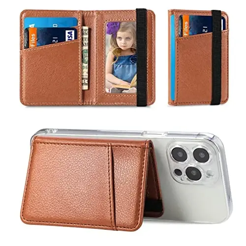 TopFunny Wallet Stick on Phone Case, Credit Card Holder for Back of Phone Cases Flip Leather Wallet Sleeve Pouch Compatible with iPhone, Samsung Galaxy Android Most Smartphones Brown - 1