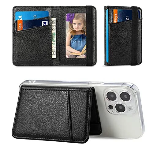 TopFunny Wallet Stick on Phone Case, Credit Card Holder for Back of Phone Cases Flip Leather Wallet Sleeve Pouch Compatible with iPhone, Samsung Galaxy Android Most Smartphones Black - TOPFUNNY