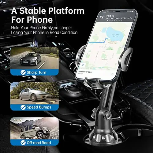 TOPGO Cup Phone Holder for Car, [No Shaking & Stable & Adjustable Pole] Car Cup Phone Mount, Compatible with iPhone 17 and All 4.0-7.0 inches Smartphones - Black - 10