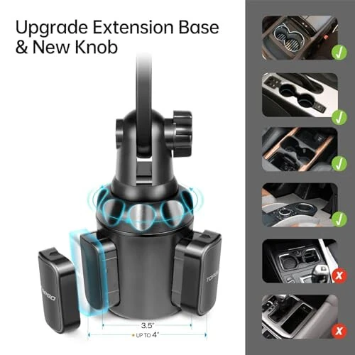 TOPGO Cup Phone Holder for Car, [No Shaking & Stable & Adjustable Pole] Car Cup Phone Mount, Compatible with iPhone 17 and All 4.0-7.0 inches Smartphones - Black - 5