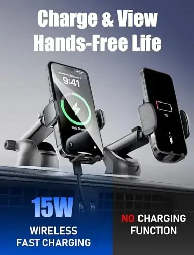 TOPGO Dashboard Wireless Car Charger, Universal Cell Phone Holder, Wireless Charger Phone Holder, 15W Fast Charging for iPhone 17 Pro Max, Samsung Galaxy - Black - 5
