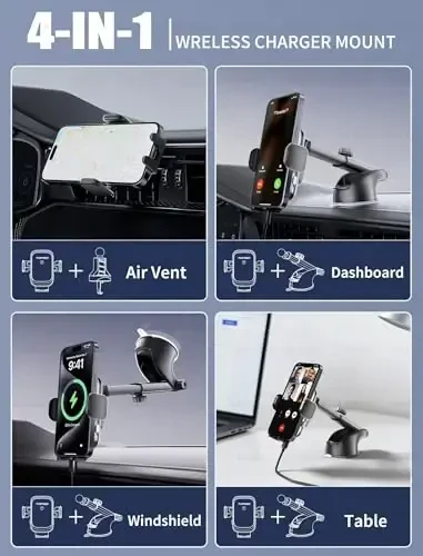 TOPGO Dashboard Wireless Car Charger, Universal Cell Phone Holder, Wireless Charger Phone Holder, iPhone 17 Pro Max, Samsung Galaxy uchun 15W tez zaryadlash - Qora - 3