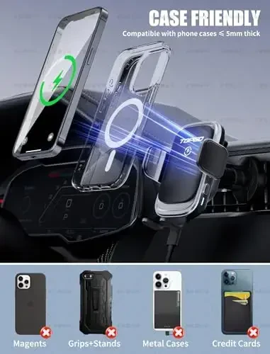 TOPGO Dashboard Wireless Car Charger, Universal Cell Phone Holder, Wireless Charger Phone Holder, iPhone 17 Pro Max, Samsung Galaxy uchun 15W tez zaryadlash - Qora - 4