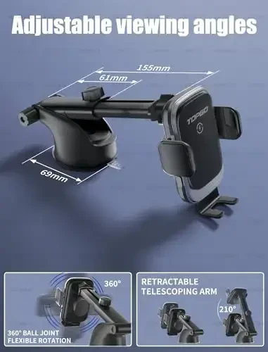 TOPGO Dashboard Wireless Car Charger, Universal Cell Phone Holder, Wireless Charger Phone Holder, iPhone 17 Pro Max, Samsung Galaxy uchun 15W tez zaryadlash - Qora - 7