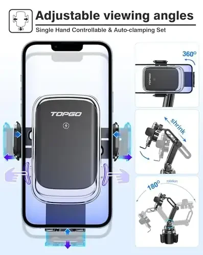[Upgraded] TOPGO Cup Phone Mount Wireless Charger,Universal Cell Phone Holder Car Charger Wireless-Charger-Cup-Phone-Holder Fast Charging for iPhone16/16 Pro/16 Pro Max, Samsung Galaxy - Black - 5