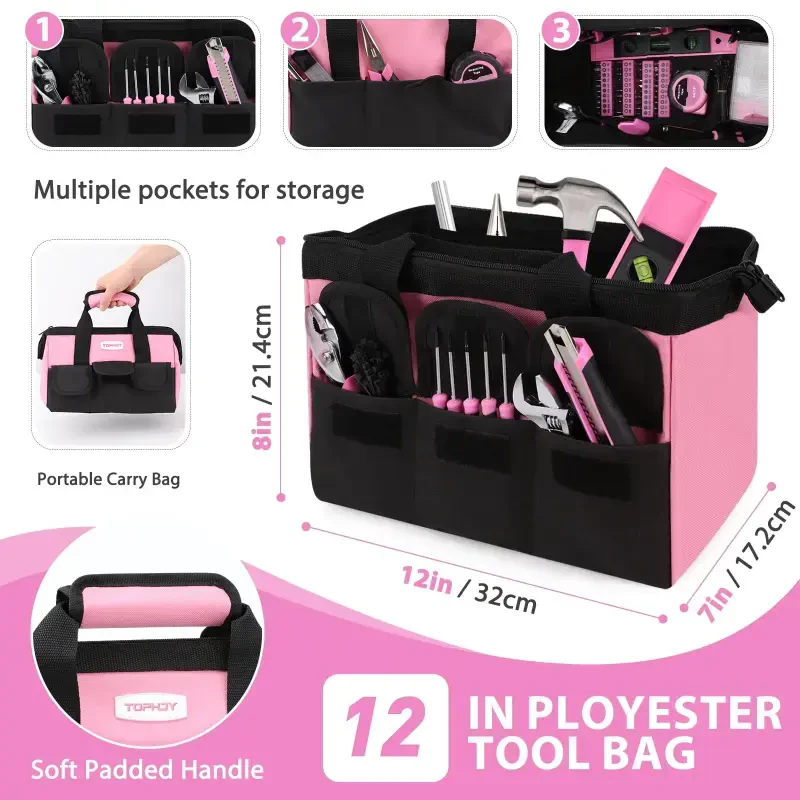 TOPHDY 275-Piece Pink Tool Set - Tool Kit for Women with Pink Tool Storage Bag, Lady's Tool Set for House, Perfect for Home DIY Projects- - 8