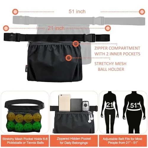 TOPJUM Tennis Ball Holder, Pickleball Holder Bag for Women, Men & Teens, Ball Pouch, Mesh Waist Hip Bag Carrier, Easy Holding 6-8 Pickle Balls or Tennis, Versatile Accessories & Gifts - 3