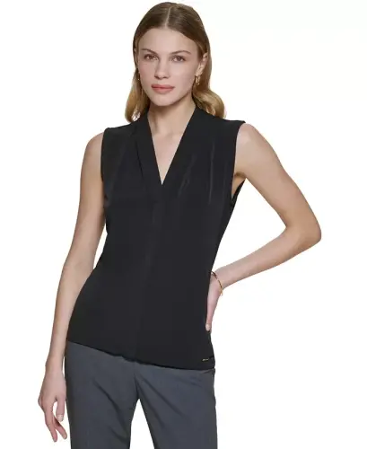 Gathered V-Neck Sleeveless Top - Black 