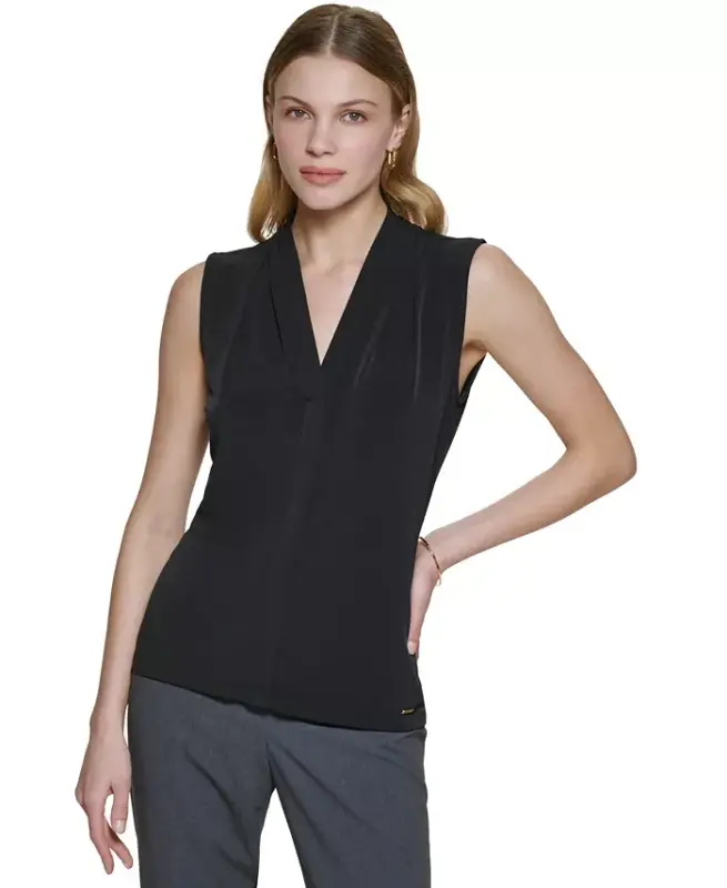 Gathered V-Neck Sleeveless Top - CALVIN KLEIN