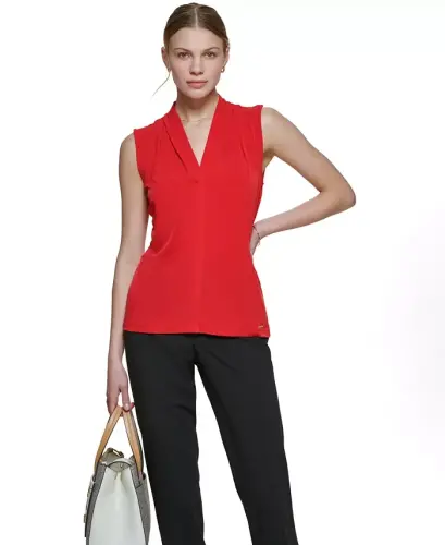 Gathered V-Neck Sleeveless Top - Red - 1
