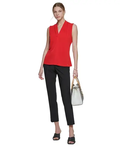 Gathered V-Neck Sleeveless Top - Red - 3