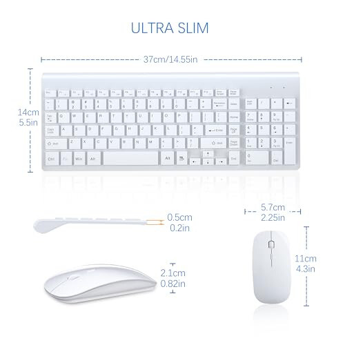 TopMate Беспроводная клавиатура и мышь Ultra Slim Combo, 2.4G тихая компактная USB мышь и клавиатура с ножничным переключателем в комплекте с чехлом, 2 батарейки AA и 2 батарейки AAA, для ПК/ноутбука/Windows/Mac - Белый - 5