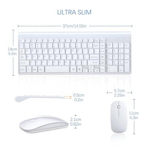 TopMate Беспроводная клавиатура и мышь Ultra Slim Combo, 2.4G тихая компактная USB мышь и клавиатура с ножничным переключателем в комплекте с чехлом, 2 батарейки AA и 2 батарейки AAA, для ПК/ноутбука/Windows/Mac - Белый - 5